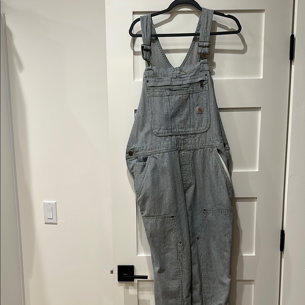 Carhartt striped overalls- worn once! Zipper pocket in front, pockets throughout